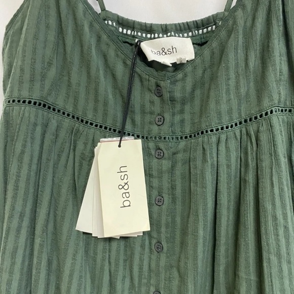NWT BA&SH Ully Green Striped Textured Midi Dress Sleeveless Sz Lg Made In India - Picture 4 of 16